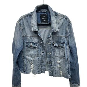 Posh New York men’s distressed grunge cropped jean jacket punk size large